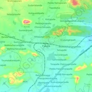 Mappa topografica Pakala, altitudine, rilievo