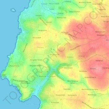 Mappa topografica Kerlaouenan, altitudine, rilievo