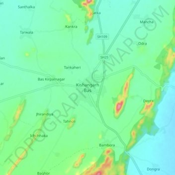 Mappa topografica Kishangarh Bas, altitudine, rilievo