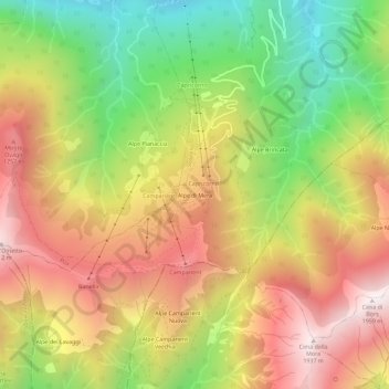 Mappa topografica Alpe di Mera, altitudine, rilievo