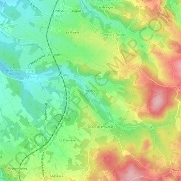 Mappa topografica Prouilhac, altitudine, rilievo