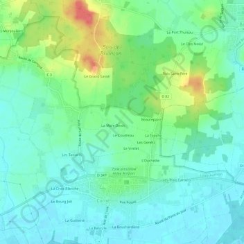 Mappa topografica Le Mans, altitudine, rilievo