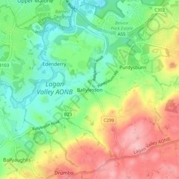 Mappa topografica Ballylesson, altitudine, rilievo