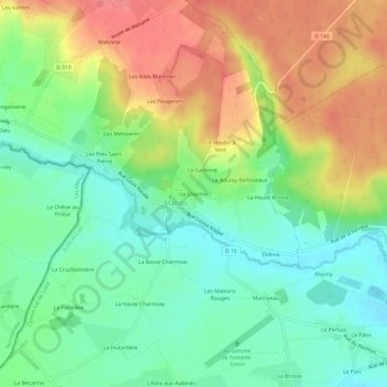 Mappa topografica Le Charme, altitudine, rilievo