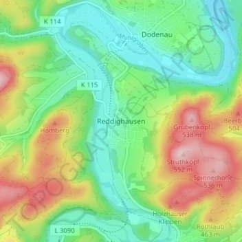 Mappa topografica Reddighausen, altitudine, rilievo