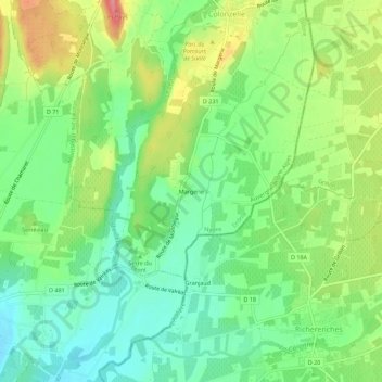 Mappa topografica Margerie, altitudine, rilievo