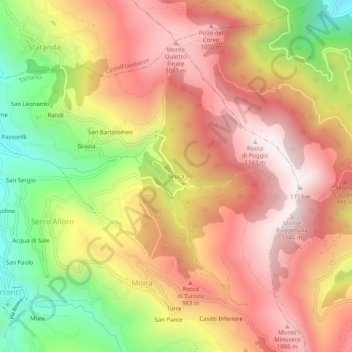 Mappa topografica Bruca, altitudine, rilievo