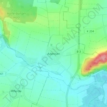 Mappa topografica Adensen, altitudine, rilievo