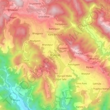 Mappa topografica Bhimtal, altitudine, rilievo