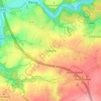 Mappa topografica Tauscha, altitudine, rilievo