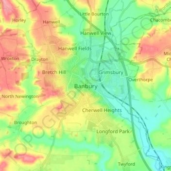 Mappa topografica Banbury, altitudine, rilievo
