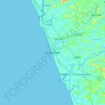 Mappa topografica Kozhikode, altitudine, rilievo