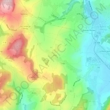 Mappa topografica Arzy, altitudine, rilievo