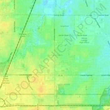 Mappa topografica Olympia Fields, altitudine, rilievo