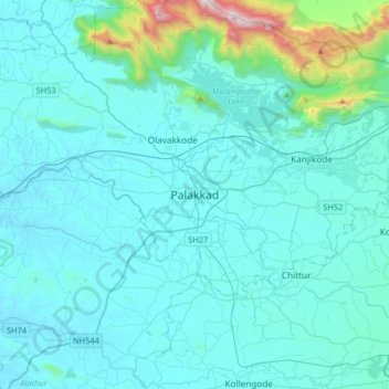 Mappa topografica Palakkad, altitudine, rilievo