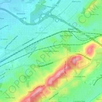 Mappa topografica Woodlawn Heights, altitudine, rilievo