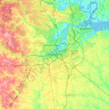 Mappa topografica Petersburg, altitudine, rilievo