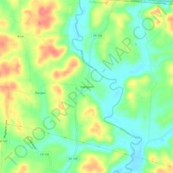 Mappa topografica Ewington, altitudine, rilievo