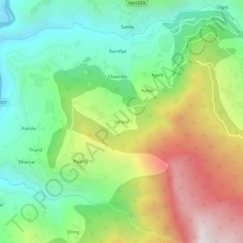 Mappa topografica Uthind, altitudine, rilievo