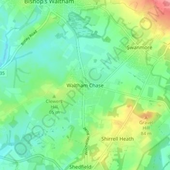 Mappa topografica Waltham Chase, altitudine, rilievo