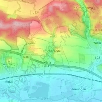 Mappa topografica Dittichenrode, altitudine, rilievo