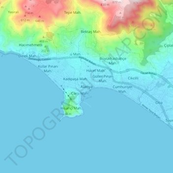 Mappa topografica Alanya, altitudine, rilievo