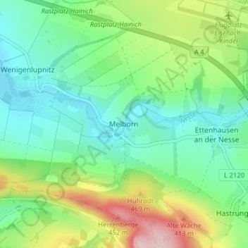 Mappa topografica Melborn, altitudine, rilievo