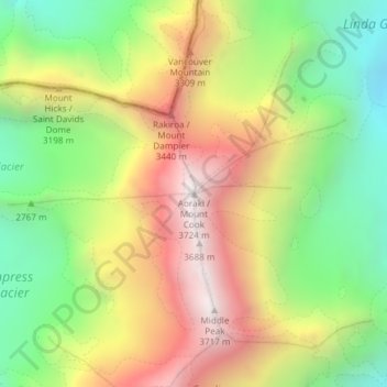 Mappa topografica Mount Cook, altitudine, rilievo