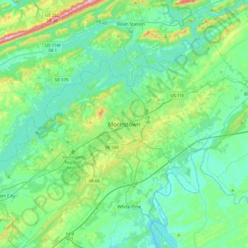 Mappa topografica Morristown, altitudine, rilievo