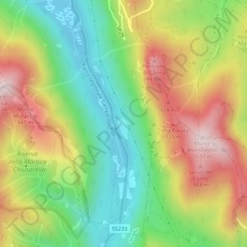 Mappa topografica Ponte Inverso, altitudine, rilievo