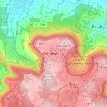 Mappa topografica Ochsenwang, altitudine, rilievo