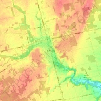Mappa topografica Simcoe, altitudine, rilievo