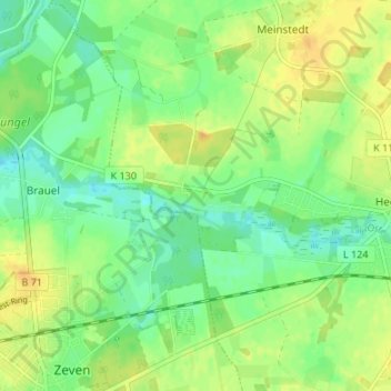 Mappa topografica Offensen, altitudine, rilievo