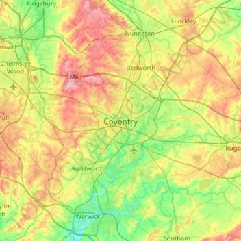 Mappa topografica Coventry, altitudine, rilievo