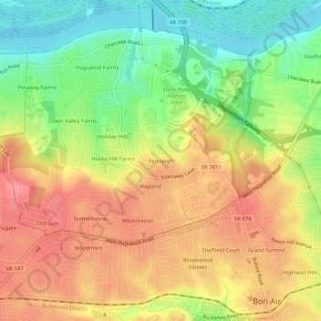 Mappa topografica Fernleigh, altitudine, rilievo