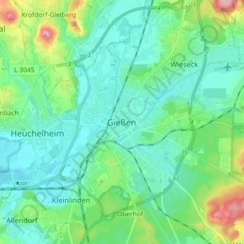 Mappa topografica Gießen, altitudine, rilievo
