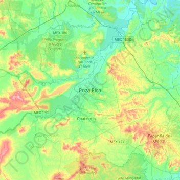 Mappa topografica Poza Rica, altitudine, rilievo