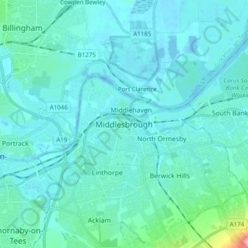 Mappa topografica Middlesbrough, altitudine, rilievo