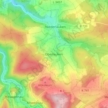 Mappa topografica Oberlauken, altitudine, rilievo
