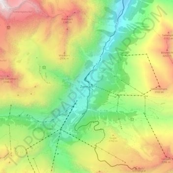 Mappa topografica Zermatt, altitudine, rilievo