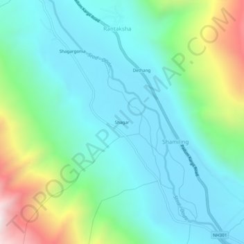 Mappa topografica Shagar, altitudine, rilievo