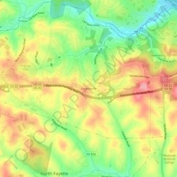 Mappa topografica Fayetteville, altitudine, rilievo