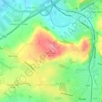 Mappa topografica Moss Gate, altitudine, rilievo