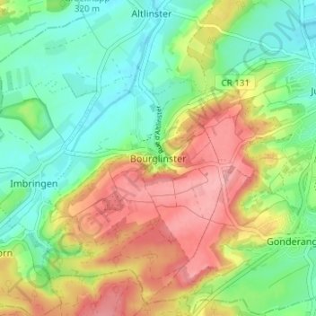 Mappa topografica Bourglinster, altitudine, rilievo