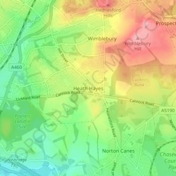 Mappa topografica Heath Hayes, altitudine, rilievo