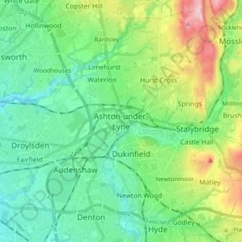 Mappa topografica Ashton-under-Lyne, altitudine, rilievo