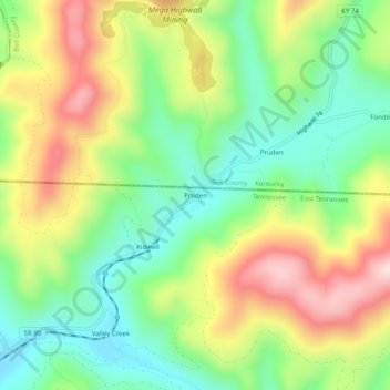 Mappa topografica Pruden, altitudine, rilievo