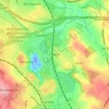 Mappa topografica Treeton, altitudine, rilievo
