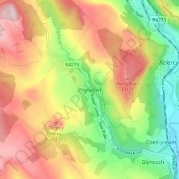 Mappa topografica Ynysybwl, altitudine, rilievo