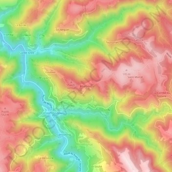 Mappa topografica Bourrious, altitudine, rilievo